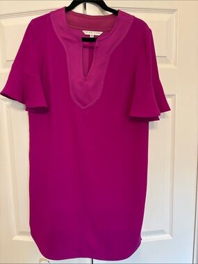 Trina Turk Magenta Split-Neck Ruffle Sleeve Dress